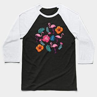 Pink Flamingo Hibiscus Tropical Flowers Pattern Baseball T-Shirt